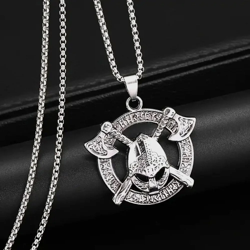 Norse Viking Warrior Necklace Battle Axe Pendant Shield Mythology Odin Runes